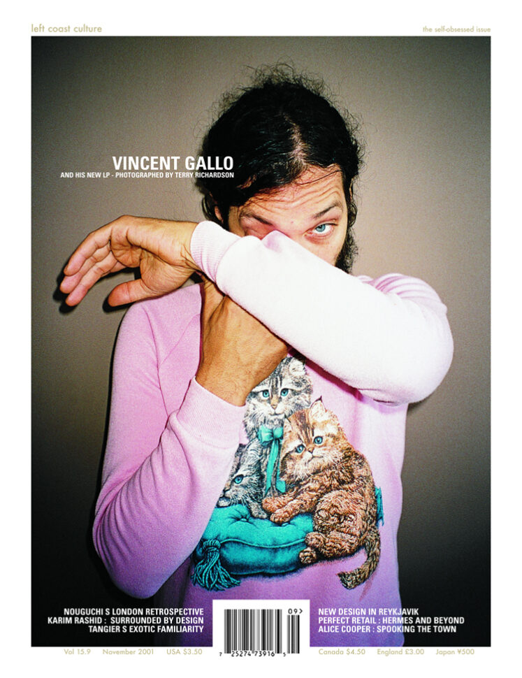 cover story and feature interview with actor, director and musician vincent gallo. the story was creatively directed by ucef hanjani, and photographed in los angeles in vincent gallo's home recording studio by fashion photographer terry richardson.