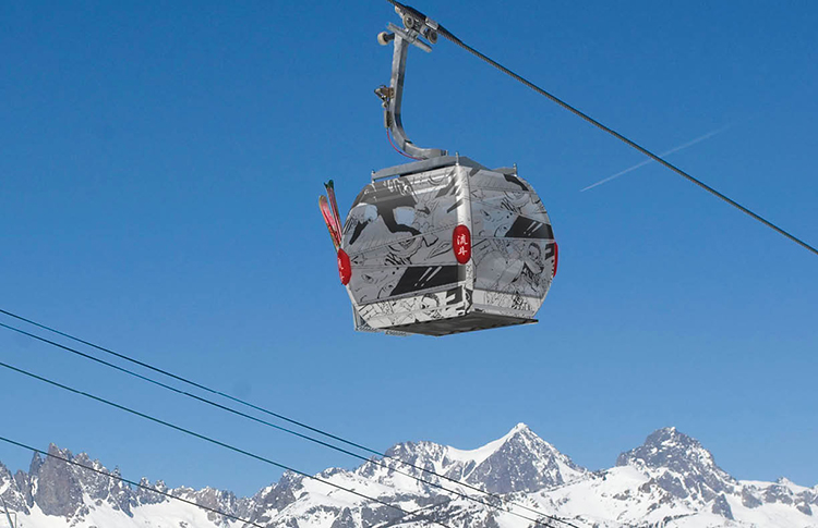 consulting for joto sake spirits brand positioning by ceft and company, advertising the brand on ski cable cars with manga outside design in efforts of recognizing japanese heritage