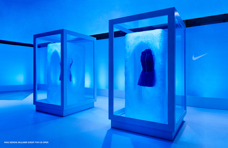 event design and production by ceft and company for nike serena williams us open event, featuring ice sculpture window display for nike's new collection in efforts of sports marketing and events
